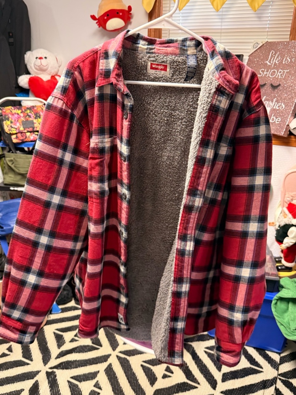 Wrangler Red Plaid Shirt Jacket with Gray Sherpa